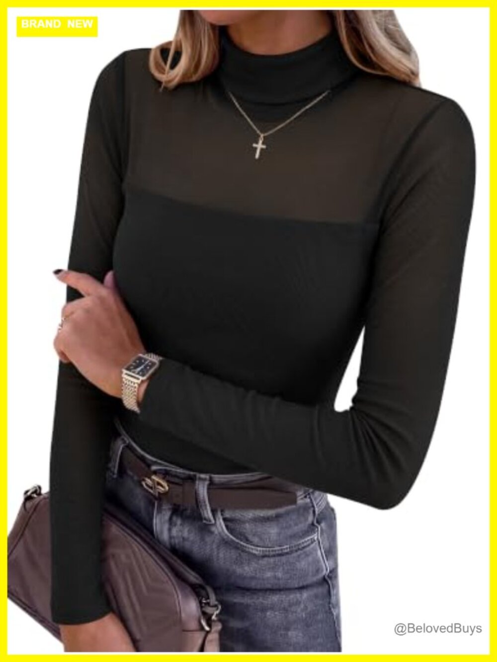 Women Turtleneck Long Sleeve Mesh Sheer Top Sexy Pullover Blouse